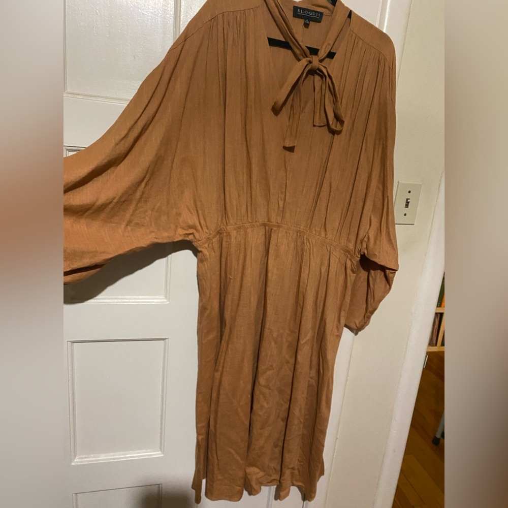 Eloquii Rust Brown Long Sleeve Tie-Neck Midi Dress